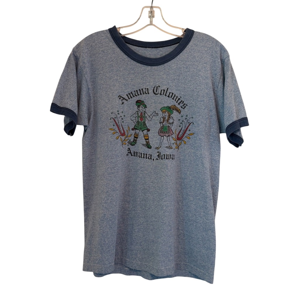 VTG Amana Colonies Iowa Graphic Ringer T Shirt Small Blue Tee Oktoberfest German - Picture 2 of 8